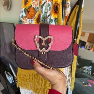 Coach Fuchsia and Dark Brown Crossbody Bag with Butterfly Clasp